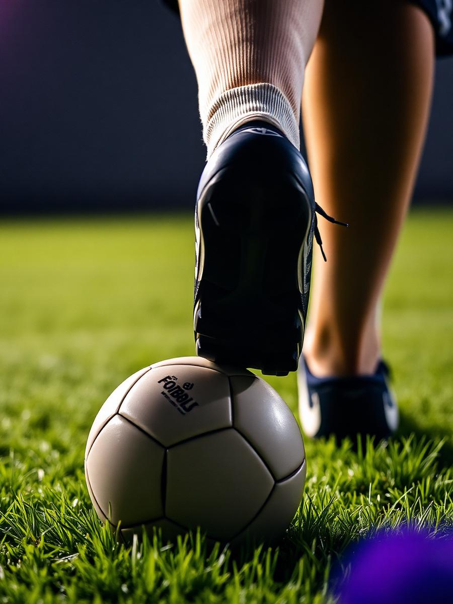 Sepatu pemain menahan bola di rumput